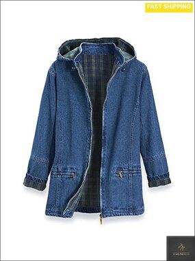 Flannel Lined Denim Jacket with Detachable Hood and Zip Front